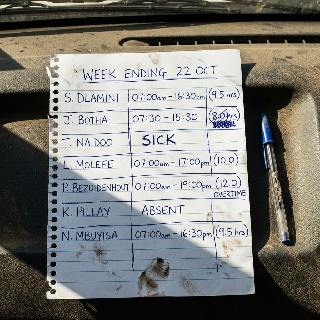Messy handwritten timesheet photo on a truck dashboard